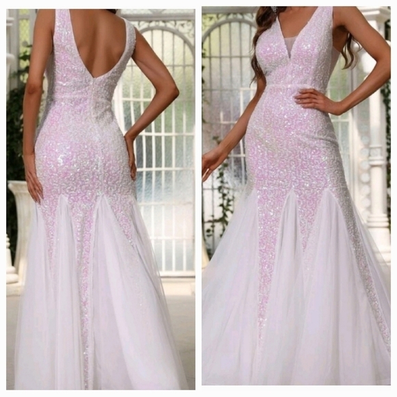 Baby Pink, Sleeveless, Contrast Sequined, Colorblock, Deep V Wedding Gown - Picture 1 of 9
